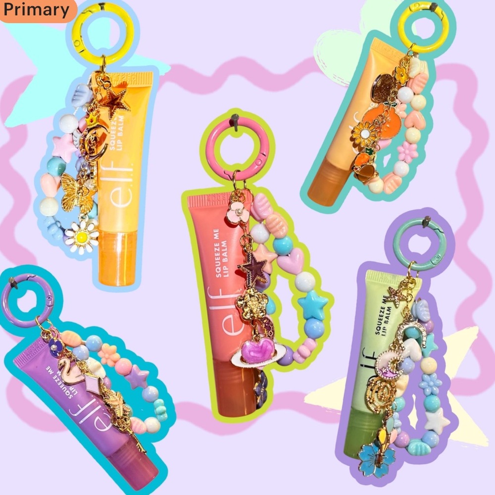 Lip Balm Keychain Charm Set ELF. Squeeze Me Lip Gloss With Cute Beaded Charm.